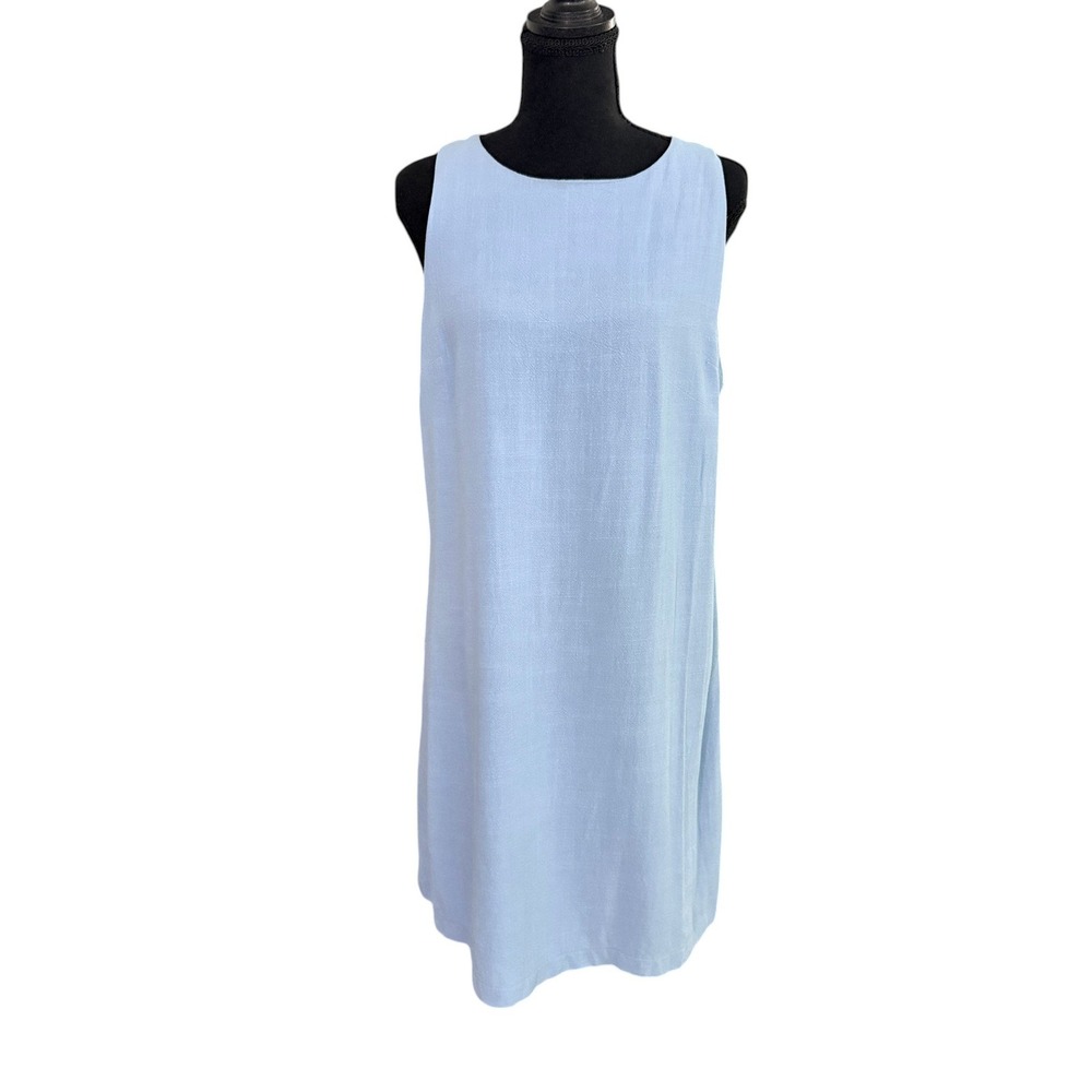 Monteau Los Angeles Sleeveless Linen Blend Shift Dress Large Blue Summer Casual